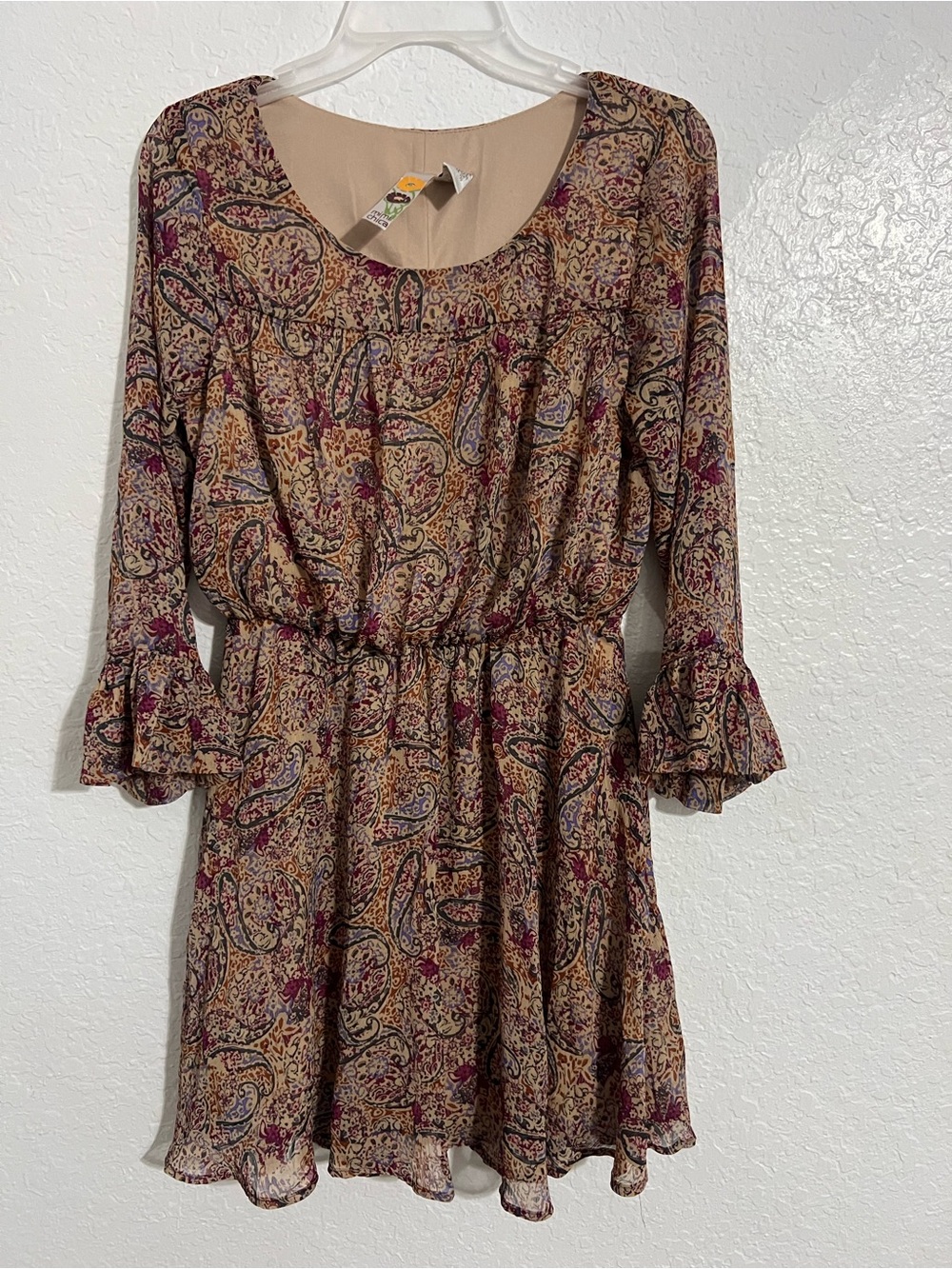 Mimi Chica Floral Rust/Red Lined Midi Dress Size M 3/4 Sleeve Elastic Waist #712